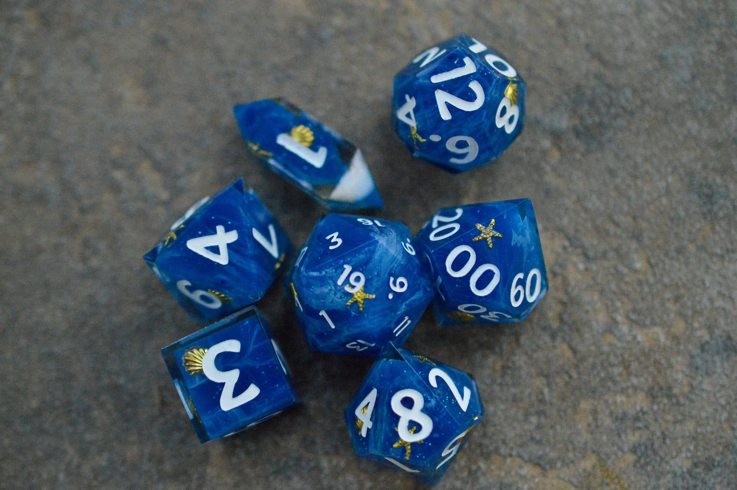 Seafoam and Seashells, Full Dice Set-Resin Tabletop RPG Dice